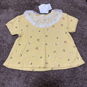 新品　Loulou Ami 100サイズ 襟レース付き花総柄Tシャツ　チュニック　トップス　キッズ　女の子　夏服　イエロー