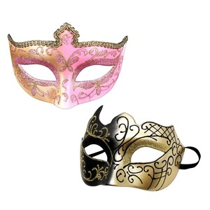仮面 ベネチアンマスク 仮面舞踏会 マスク お面 変装 仮装 ダンス 2個 セット ピンクとブラック＆ゴールド