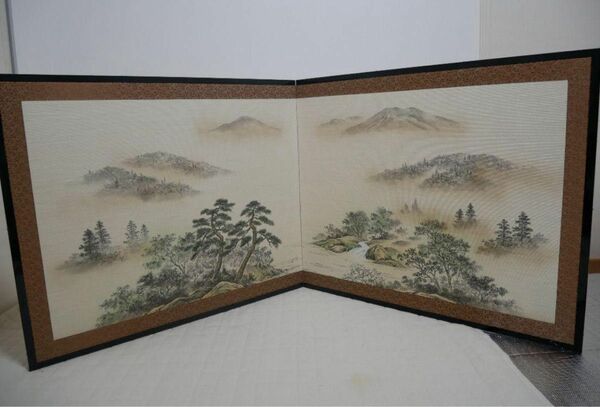山水枕屏風　二枚折り　パーティション　衝立　間仕切　日本画　和のインテリア
