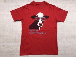 Vermont Country Cyclers 牛 ウシ かわいい イラスト ユニーク オールド レトロ 古着 半袖Tシャツ メンズ ビッグプリント 赤