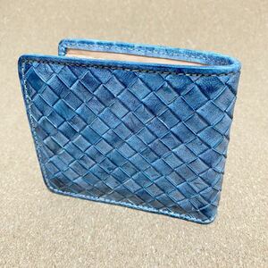 ブライドルレザー ブルー イントレチャート 編み込み 二つ折り財布 ハンドメイド ヌメ革