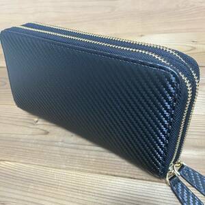  carbon leather high capacity double fastener long wallet black original leather men's lady's 