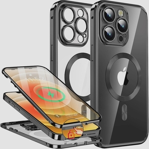 送料無料★iPhone12 Pro Max ケース 両面ケース＋マグセーフ対応 一体型レンズ保護 強化ガラス クリア（ブラック）