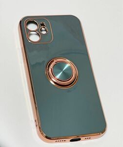 iPhone12 スマホケース ソフトカバー スマホリング ピンクゴールド モスグリーン シンプル おしゃれ 美品