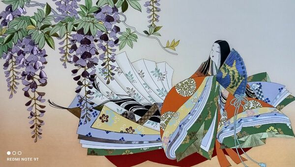 色紙（603）説明文あります。日本画　東聖観による源氏物語の色紙　★高度箔押印刷　日本画