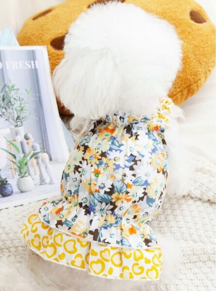 犬服 M ドッグウェア 春夏 フラワー ワンピース イエロー 犬の服 ワンコ ペット 犬服 小花柄 ドッグウェア