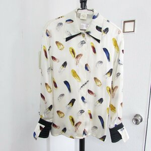  Escada ESCADA перо рисунок шелк рубашка блуза длинный рукав Vintage размер 36 USED /2405D