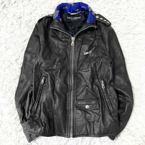 1 jpy [ rare design ]DOLCE&GABBANA Dolce and Gabbana men's Single Rider's leather jacket studs ram leather black 