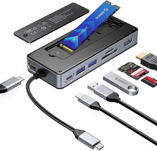 M.2 SSD 外付けケースー付きUSB Cハブ、ORICO 8-in-1 USB-C ドッキングステーション、10Gbps USB 3.2 Gen2 M.2