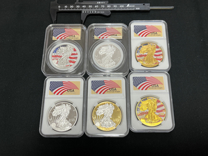 【X311】収蔵品放出 アメリカ2014,2015,2020,21,23年ウオーキングリバティ 記念金貨銀貨カラーコインメダル ケース入り6枚セット