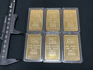 【X296】スイス CREDIT SUISSE1オンス 約30g　記念金貨コイン インゴット金貨バー5枚No.611068等 磁石に反応しません 