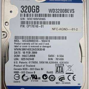 WD WD3200BEVS 320GB 2.5インチ 9.5mm SATA 5400rpm 3703時間