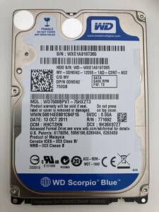 WD Scorpio Blue WD7500BPVT-75HXZT3 750GB 2.5インチ 5400RPM 9.5mm 3955時間