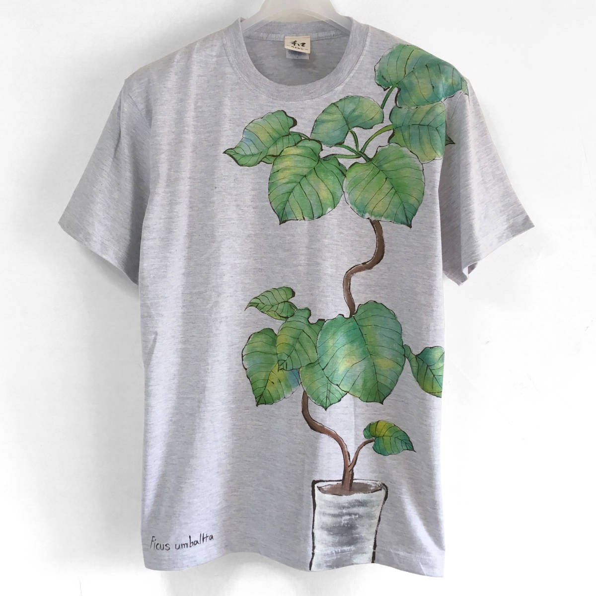 Men's T-shirt L size Houseplant Ficus umbellata pattern T-shirt Hand-drawn botanical T-shirt Father's Day Plant Art Handmade, L size, round neck, patterned