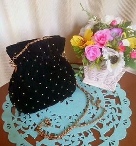 [ beautiful goods!] custom-made bi load cloth pochette black Gold studs unused pouch bag bulrush . pouch party bag . made 