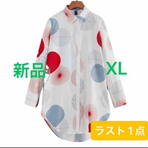 新品レディース　長袖シャツワンピース　 ロングシャツ　ホワイト　ドット　水玉　XL 大きいサイズ　ゆったり　韓国風　薄手　オレンジ