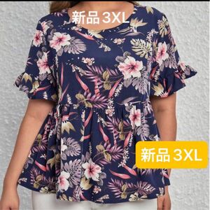 新品　レディース半袖シャツ　チュニック　ネイビー　花柄　ゆったり　袖フリル　体型カバー　3XL 大きいサイズ　プラスサイズ