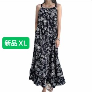 新品　ロング ワンピース　ブラック　黒　薄手　XL 韓国風　ロングスカート　ゆったり　大きいサイズ　マキシ丈　花柄
