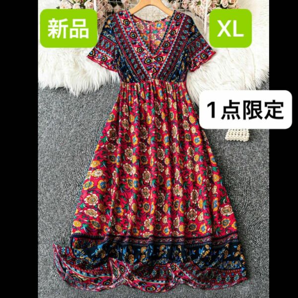 新品　レディース　半袖ワンピース　XL 薄手　韓国風　ゆったり　アジアン　レッド　花柄　Ｖネック　ウエストゴム