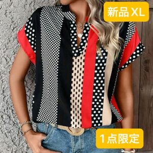 新品レディース　半袖シャツ　チュニック　韓国風　XL 大きいサイズ　ゆったり　ドット　水玉　Ｖネック　レッド×ブラック