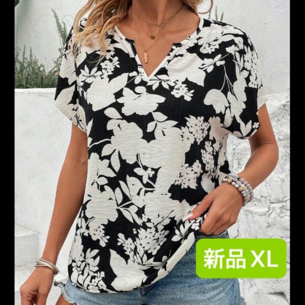 新品　レディース　半袖シャツ　花柄　ブラック　大きいサイズ　ブラウス　Ｖネック　韓国風　薄手　XL Ｖネック