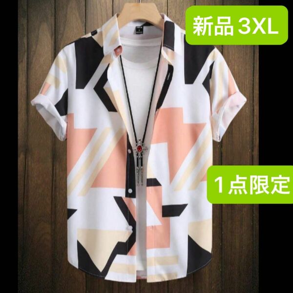 新品　レディース　半袖シャツ　チュニック　ホワイト×ブラック×ピンク　3XL 大きいサイズ　ゆったり　韓国風 4L