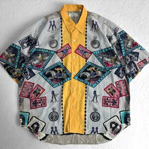 激レア【MILE-STONE】VINTAGE 総柄シャツ アートデザイン トランプ タロット ピエロ マイルストーン ポリシャツ 80s 90s 派手