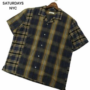 SATURDAYS NYC サタデーズ ニューヨークシティ 春夏 切替★ 半袖 オープンカラー チェック シャツ Sz.M　メンズ ネイビー　A4T04516_4#A