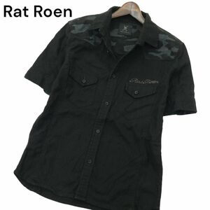 Rat Roen ラット ロエン スカル ロゴ刺繍★ 麻 リネン スタッズ 迷彩 カモフラ切替 半袖 ウエスタン シャツ Sz.L メンズ 黒　A4T04783_4#A