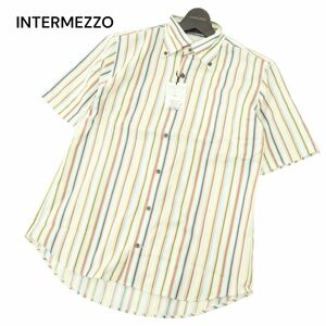 未使用★ INTERMEZZO インターメッツォ レナウン 春夏 ソフィスタ混★ 半袖 ボタンダウン ストライプ シャツ Sz.M　メンズ　A4T04953_5#A