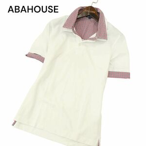 ABAHOUSE アバハウス 春夏 レイヤード風★ チェック切替 半袖 鹿の子 ポロシャツ Sz.2　メンズ 白　A4T05095_5#A