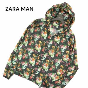 ZARA MAN ザラ マン スカル＆フラワー総柄★ ジップ パーカー ウインドブレーカー Sz.S　メンズ 黒　A4T05076_5#O