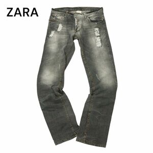 ZARA ザラ マン 通年 ダメージ＆リペア加工★ ストレッチ ストレート デニム パンツ ジーンズ Sz.30　メンズ　A4B02355_5#R