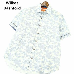 美品★ Wilkes Bashford タカキュー 春夏 Smart Fit 【麻 リネン】 半袖 ペイズリー総柄 シャツ Sz.L　メンズ 白 × 紺　A4T05109_5#A