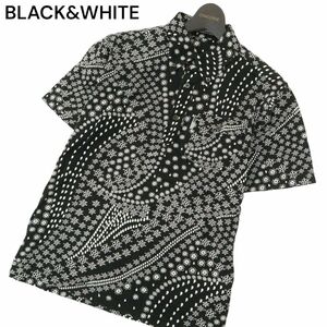 BLACK&WHITE ブラック＆ホワイト 春夏 花柄 フラワー★ 総柄 半袖 ワーク ポロシャツ Sz.M　メンズ 黒 ゴルフ 日本製　A4T05268_5#A