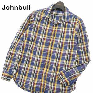 美品★ Johnbull ジョンブル 春夏 【麻 リネン混】 長袖 シャーリング チェック シャツ Sz.S　メンズ 日本製　A4T05383_5#A