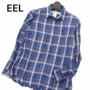 美品★ EEL イール 【Kavuri カヴリシャツ】 長袖 麻 リネン100％ プルオーバー チェック シャツ Sz.XS　メンズ 紺 日本製　A4T05382_5#A