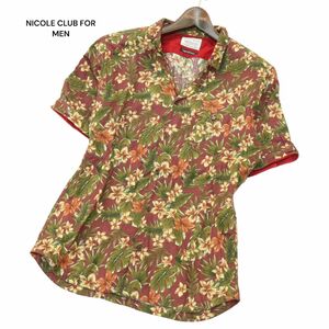 NICOLE CLUB FOR MEN ニコルクラブ フォーメン 日本製生地 リネン混★ フラワー総柄 襟袖ワイヤー 半袖 シャツ Sz.48 メンズ　A4T05719_5#A