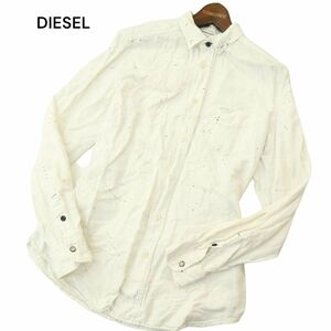 DIESEL ディーゼル 通年 【麻 リネン混】 ロゴ ペンキ加工 長袖 ボタンダウン スリム シャツ Sz.M　メンズ 白　A4T05824_5#C