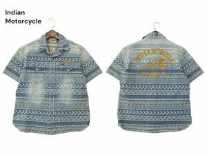 Indian Motorcycle インディアンモーターサイクル ロゴ刺繍★ 加工 ネイティブ 総柄 半袖 ワーク デニム シャツ Sz.L メンズ　A4T05468_5#A