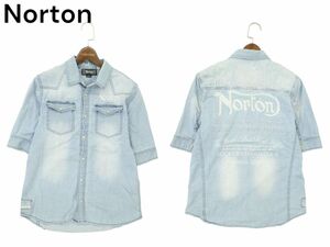 Norton ノートン 春夏 豪華 ロゴ刺繍★ 半袖 デニム ウエスタン シャツ Sz.M　メンズ バイク　A4T05495_5#A