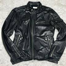 【Lサイズ相当/美品】DIESEL ディーゼル レザージャケット シングルライダース ラムレザー 羊革 裾調整2way ロゴボタン バイカー ブラック_画像2