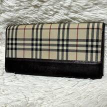 1円 BURBERRY バーバリー 長財布 財布 ノバチェック レザー がま口 ウォレット 二つ折り ロゴ裏地 ベージュ系×ブラウン 札入れ 小銭入れ_画像1