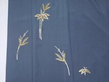 《花小袖》単衣 付下；藍鼠地 金 銀の刺繍で竹・161㎝_画像4