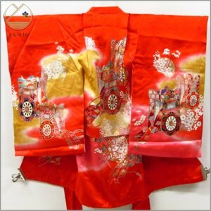 * kimono 10* 1 jpy silk child kimono for girl production put on The Seven-Five-Three Festival gold paint . length 77cm.39cm [ including in a package possible ] **