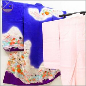 * kimono 10* 1 jpy silk child kimono Junior for for girl The Seven-Five-Three Festival 7 -years old for gold paint underskirt set . length 132cm.57cm [ including in a package possible ] **