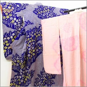 * kimono 10* 1 jpy silk long-sleeved kimono total aperture stop underskirt set . length 162cm.64cm [ including in a package possible ] ***