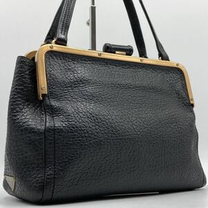 1円【入手困難】プラダ PRADA ハンドバッグ トートバッグ 三角ロゴプレート がま口 オールレザー 本革 ビジネス ゴールド金具 ブラック 黒