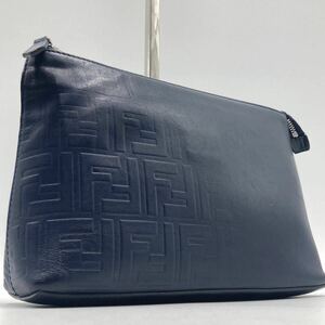 1円【入手困難品】フェンディ FENDI セカンドバッグ クラッチバッグ ポーチ エンボス ズッカ柄 型押し ロゴ オールレザー 本革 ネイビー 紺