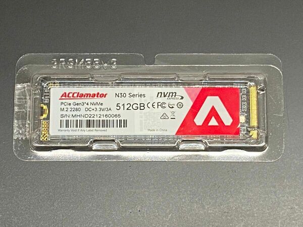 【ほぼ新品】Acclamator SSD 512GB N30 M.2 2280 PCIe NVMe 3,300MB/s 高速モデル